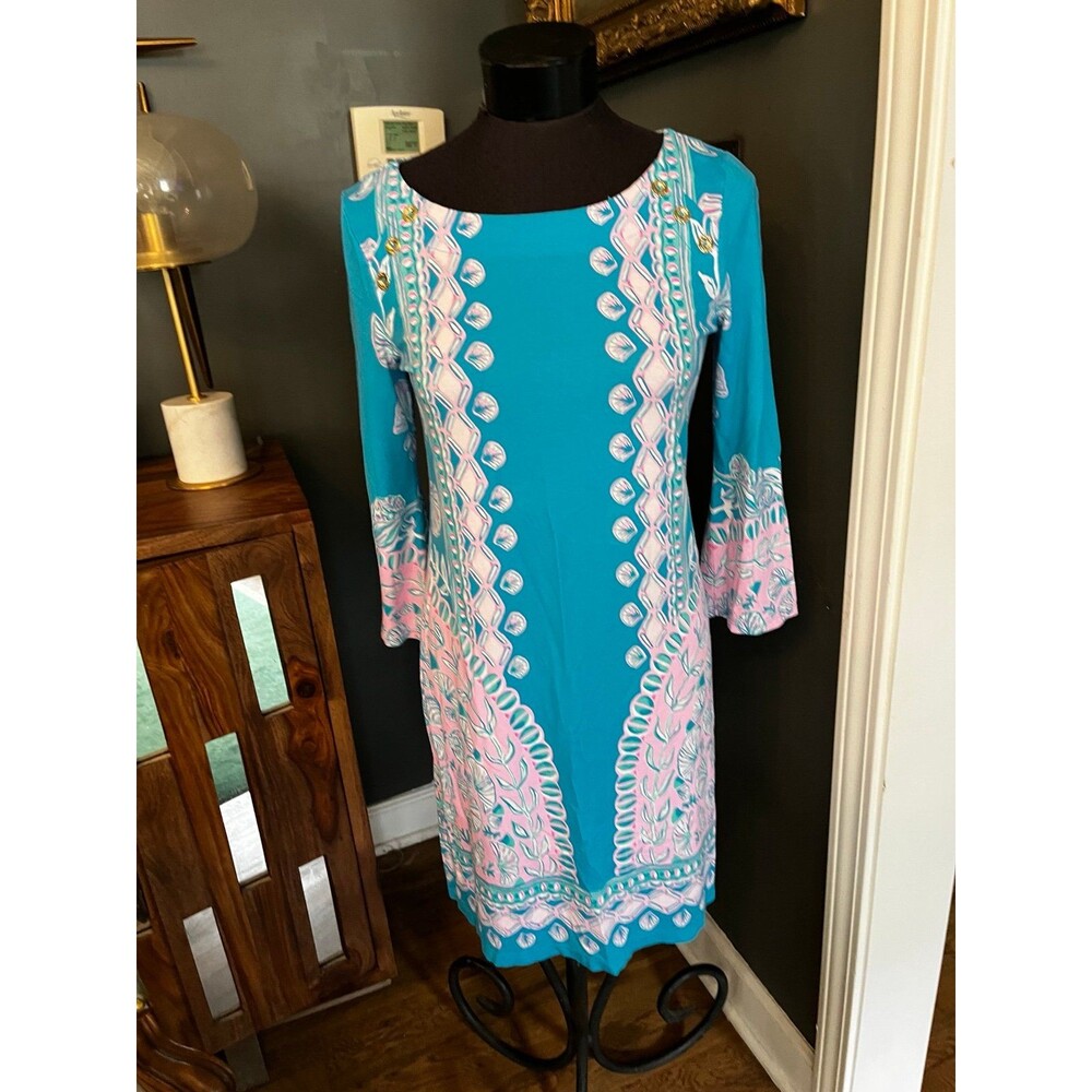 Lilly Pulitzer Soft Stretch Knit Turquoise & Pink Sea shell Floral Dress S - Picture 2 of 6